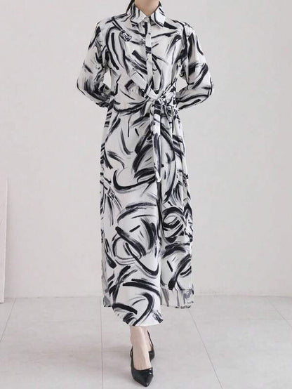 DAZY Women Casual Belted Shirt Dress With Random Print,Fall Dress