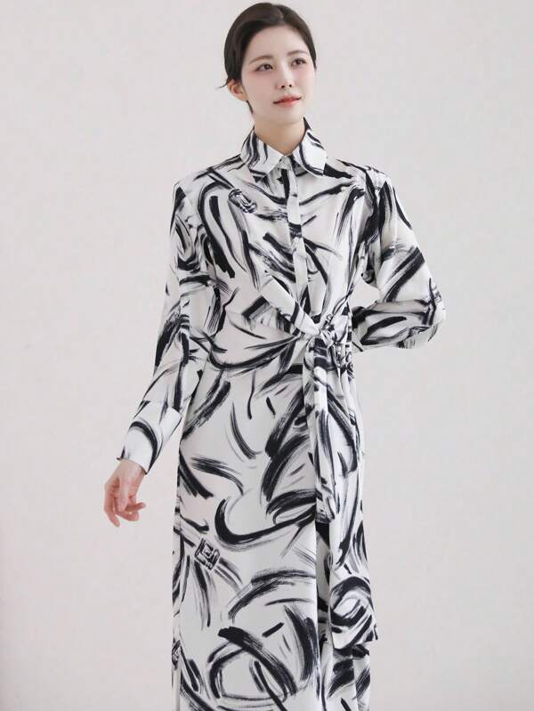 DAZY Women Casual Belted Shirt Dress With Random Print,Fall Dress