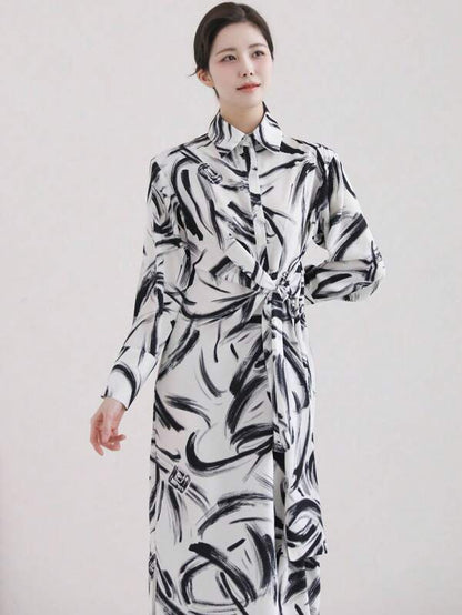 DAZY Women Casual Belted Shirt Dress With Random Print,Fall Dress