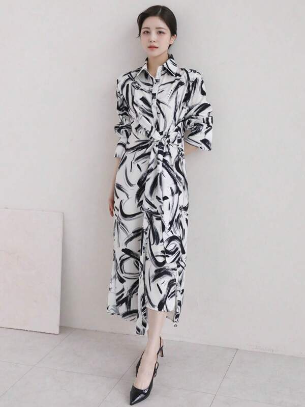 DAZY Women Casual Belted Shirt Dress With Random Print,Fall Dress