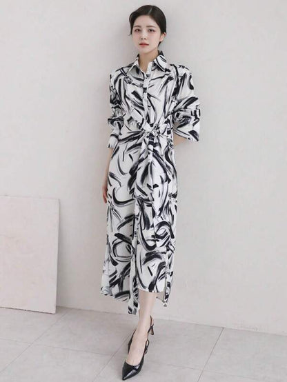 DAZY Women Casual Belted Shirt Dress With Random Print,Fall Dress