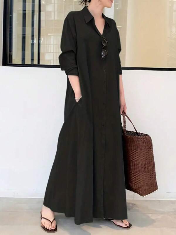 Women's Casual Solid Color Front Button Down Long Shirt Dress, Vacation Wear