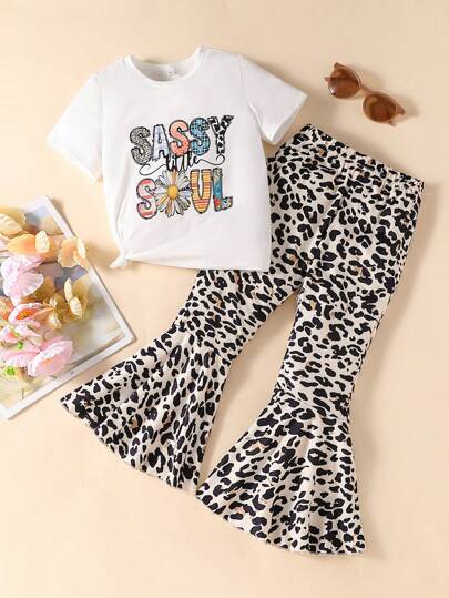2pcs Young Girl Casual Slogan & Flower Allover Print Short Sleeve Round Neck T-Shirt And Leopard Allover Print Flared Pants, Suitable For Spring And Summer, Outdoors, Travel, Daily Wear, Relaxation, Holidays, Parties, And School