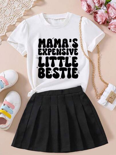 Tween Girl Letter Print Short Sleeve T-Shirt And Solid Pleated Skirt