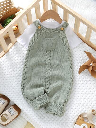 Baby Boy Light Green Knitted Jumpsuit Romper With Suspenders, Fashionable Casual And Versatile Crawling Suit