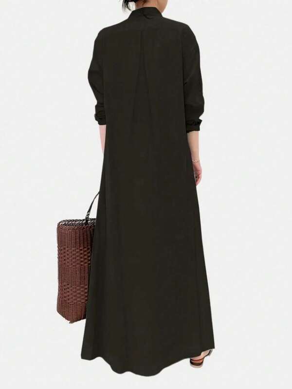 Women's Casual Solid Color Front Button Down Long Shirt Dress, Vacation Wear