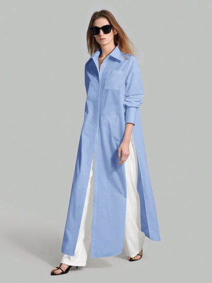 Ontre 2025 Autumn New Women's Casual Loose Vacation Matching Shirt, Blue Long Shirt, Women's Shirt, Women's Button-Up Shirt, Commuting, Summer Business etc