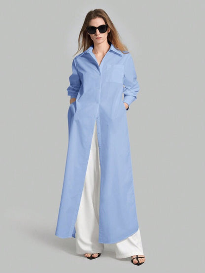 Ontre 2025 Autumn New Women's Casual Loose Vacation Matching Shirt, Blue Long Shirt, Women's Shirt, Women's Button-Up Shirt, Commuting, Summer Business etc