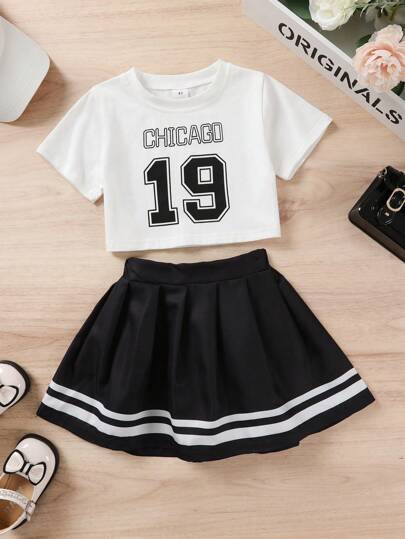 Young Girl Sweet And Elegant Number & Letter Print T-Shirt, Striped Pleated Skirt For Casual Vacation And Parties