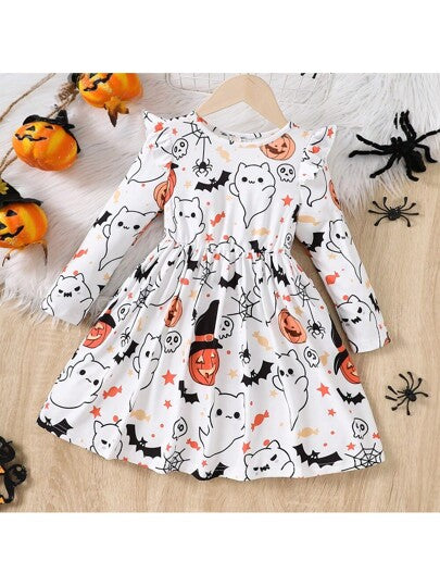 Young Girl Halloween Pumpkin Cartoon Print Ruffled Sleeve Long Sleeve Dress, Spring/Autumn