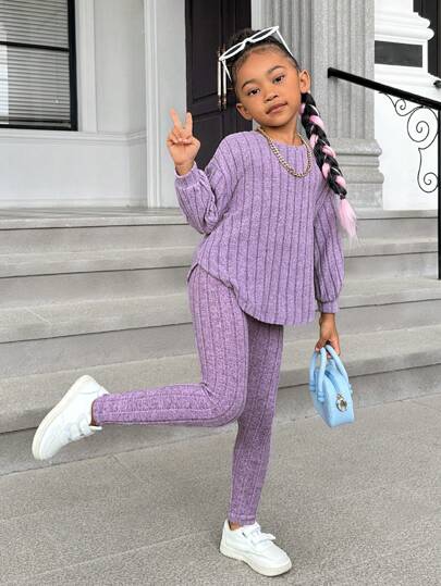 SHEIN SLAYR KIDS Young Girl Drop Shoulder Ribbed Knit Tee & Leggings Young Girl Girl Outfit Purplepurple Young Girl Outfitkids Purple Outfitpurple Outfit Kidsviolet Outfit For Young Girl