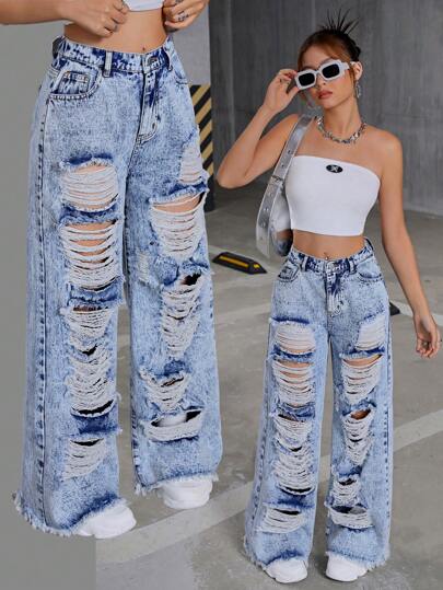 SHEIN Teen Girls Y2K Vintage Stonewashed Ripped Raw Hem Baggy Wide Leg Jeans, Girls Fall Clothes Back To School Streetwear Outfits