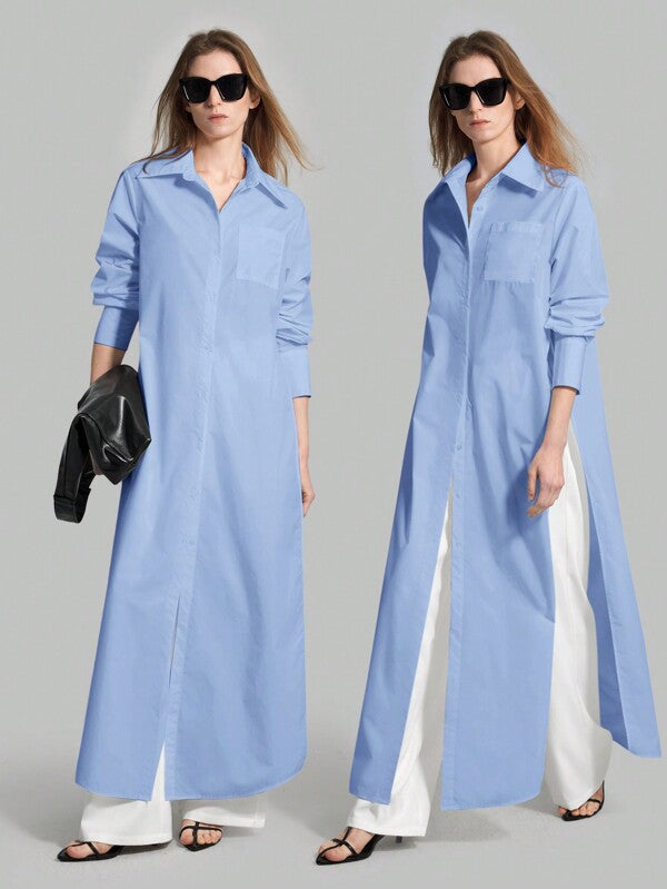 Ontre 2025 Autumn New Women's Casual Loose Vacation Matching Shirt, Blue Long Shirt, Women's Shirt, Women's Button-Up Shirt, Commuting, Summer Business etc