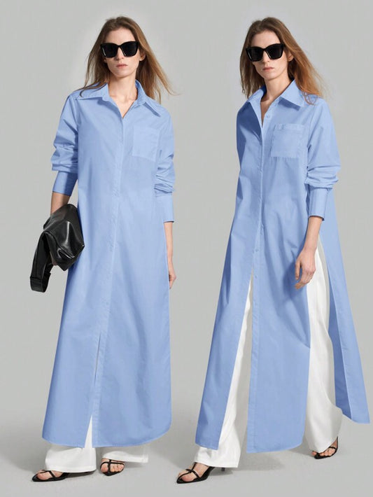 Ontre 2025 Autumn New Women's Casual Loose Vacation Matching Shirt, Blue Long Shirt, Women's Shirt, Women's Button-Up Shirt, Commuting, Summer Business etc