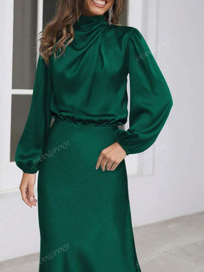 Satin High Collar Pleated Asymmetrical Elegant Evening Gown, Cocktail Party Bridesmaid Dress, Long Sleeve Prom Semi Formal Dress, For Birthday, Wedding Guest, Graduation, Dinner, Homecoming