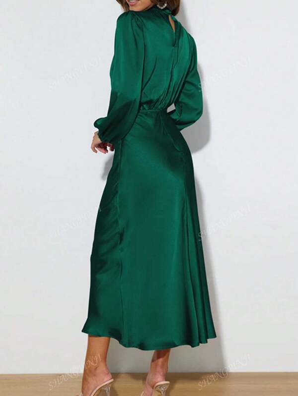 Satin High Collar Pleated Asymmetrical Elegant Evening Gown, Cocktail Party Bridesmaid Dress, Long Sleeve Prom Semi Formal Dress, For Birthday, Wedding Guest, Graduation, Dinner, Homecoming