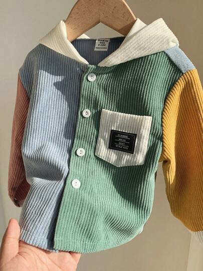 SHEIN Baby Boy Casual Color Block Loose Fit Long Sleeve Hooded Soft Corduroy Shirt Jacket, Suitable For Daily Wear, School, Outdoor