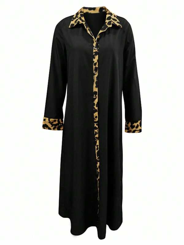 SHEIN LUNE 1pc Women's Random Leopard Print Button Front Long Sleeve Dress Maxi Women Outfit