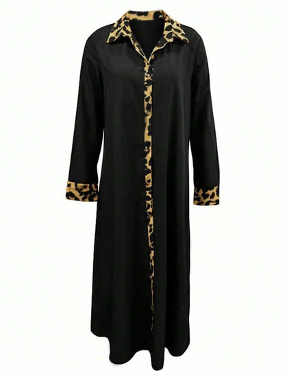 SHEIN LUNE 1pc Women's Random Leopard Print Button Front Long Sleeve Dress Maxi Women Outfit