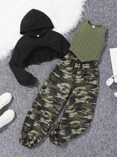 SHEIN 3pcs Set: Knit Solid Color Cropped Hoodie, Knit Solid Color Tank Top, Woven Loose Camouflage Casual Pants For Young Girls, Vintage Preppy, Back To School,Party,Summer