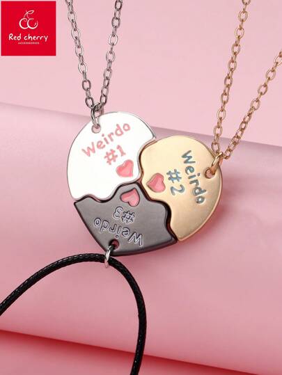 3pcs/Set Girls' Zinc Alloy Jigsaw Pattern Necklace Set In Colorful, Matte Gold, Matte Silver, Matte Black Electroplated Finishes, Cute Jewelry Gift Idea For Friends
