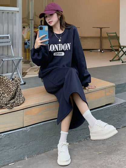 DAZY 2pcs Women's Letter Print Crew Neck Sweatshirt And Solid Color A-Line Skirt Set,Fall Clothes Fleece Lined