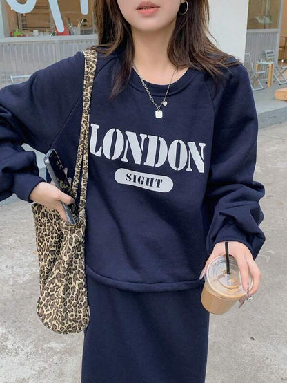 DAZY 2pcs Women's Letter Print Crew Neck Sweatshirt And Solid Color A-Line Skirt Set,Fall Clothes Fleece Lined