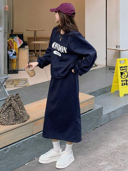 DAZY 2pcs Women's Letter Print Crew Neck Sweatshirt And Solid Color A-Line Skirt Set,Fall Clothes Fleece Lined