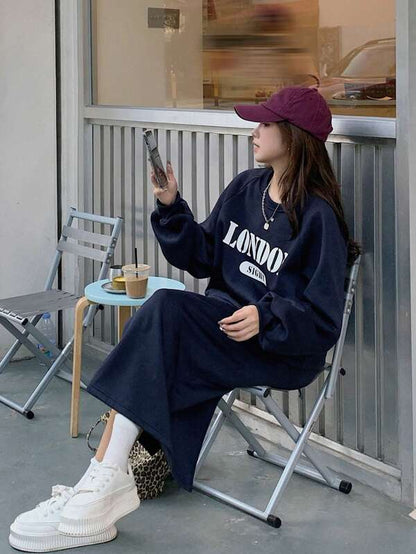 DAZY 2pcs Women's Letter Print Crew Neck Sweatshirt And Solid Color A-Line Skirt Set,Fall Clothes Fleece Lined