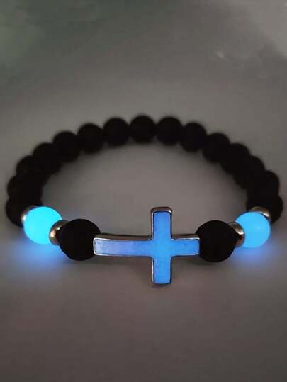 1pc Volcano Stone Night Glow Vintage Bracelet, Multicolor Luminous Cross Beads Jewelry For Boys And Girls