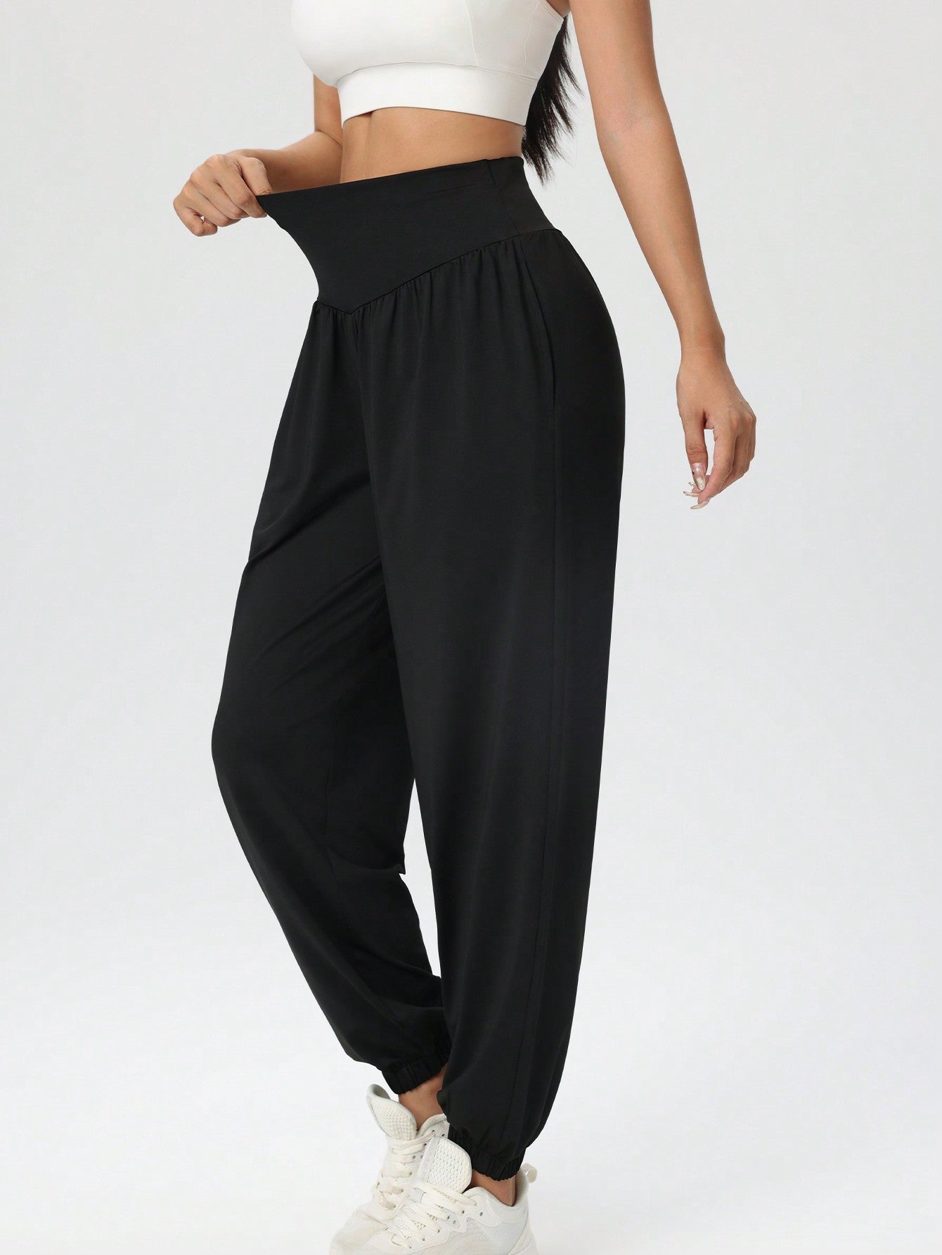 Women's Casual Solid High Waist Relaxed Lantern Pants, Drawstring Waist Yoga Fitness Sweatpants