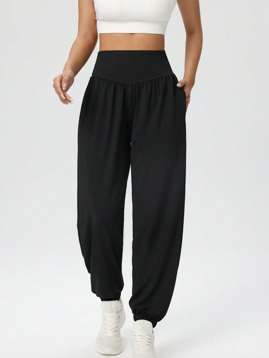 Women's Casual Solid High Waist Relaxed Lantern Pants, Drawstring Waist Yoga Fitness Sweatpants