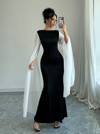 Rafferiza Women's Elegant Contrast Color Patchwork Long Sleeve Dress Maxi Women Outfit