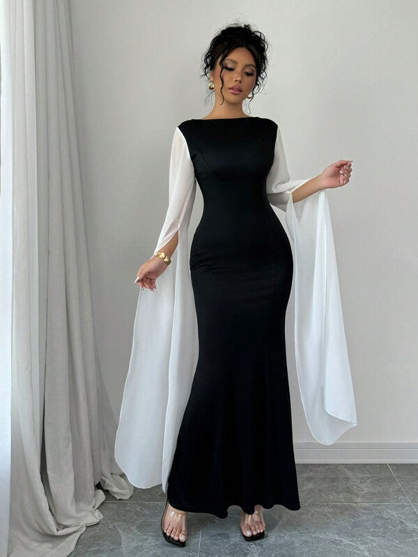 Rafferiza Women's Elegant Contrast Color Patchwork Long Sleeve Dress Maxi Women Outfit