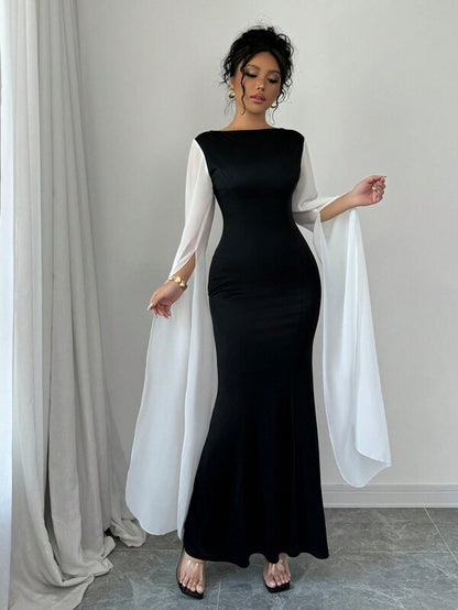 Rafferiza Women's Elegant Contrast Color Patchwork Long Sleeve Dress Maxi Women Outfit