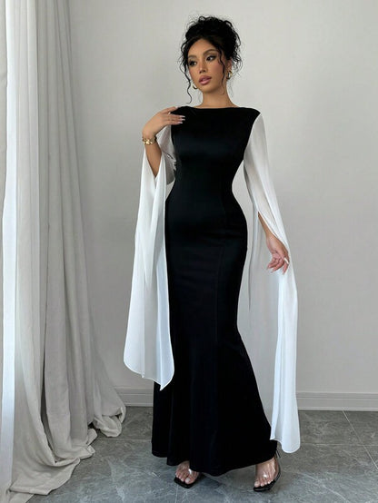 Rafferiza Women's Elegant Contrast Color Patchwork Long Sleeve Dress Maxi Women Outfit