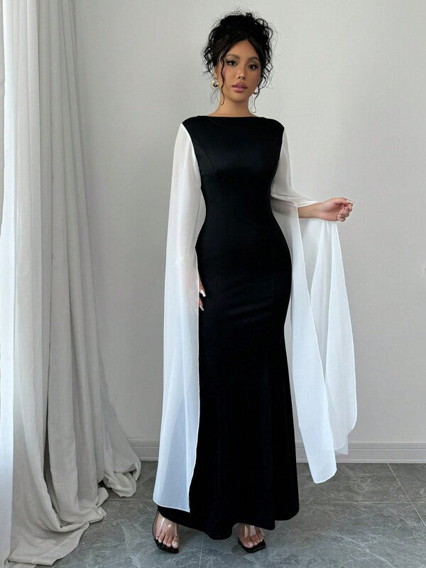 Rafferiza Women's Elegant Contrast Color Patchwork Long Sleeve Dress Maxi Women Outfit