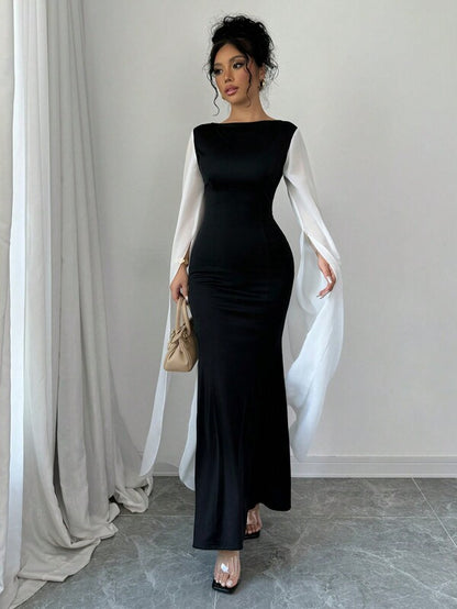 Rafferiza Women's Elegant Contrast Color Patchwork Long Sleeve Dress Maxi Women Outfit