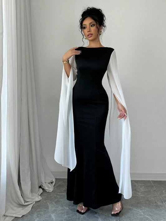 Rafferiza Women's Elegant Contrast Color Patchwork Long Sleeve Dress Maxi Women Outfit
