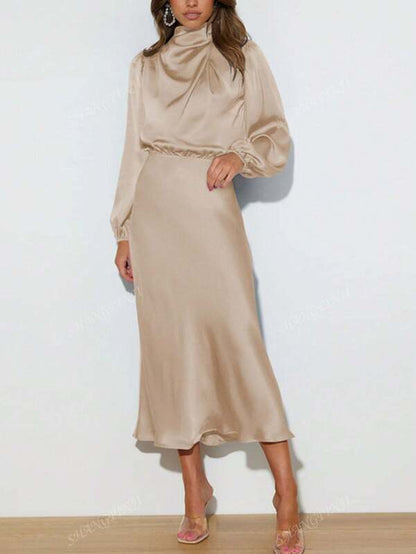Satin High Collar Pleated Asymmetrical Elegant Evening Gown, Cocktail Party Bridesmaid Dress, Long Sleeve Prom Semi Formal Dress, For Birthday, Wedding Guest, Graduation, Dinner, Homecoming