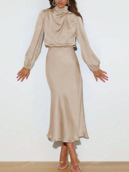 Satin High Collar Pleated Asymmetrical Elegant Evening Gown, Cocktail Party Bridesmaid Dress, Long Sleeve Prom Semi Formal Dress, For Birthday, Wedding Guest, Graduation, Dinner, Homecoming