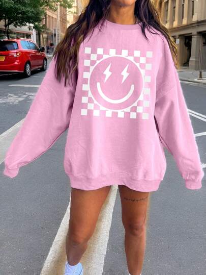SHEIN Tween Girl Casual Everyday Elegant Commute Outgoing Outfit Long Sleeve Smiling Face Checkerboard Crew Neck Sweatshirt, Suitable For Autumn Winter Wear, Suitable For School Holiday Outing