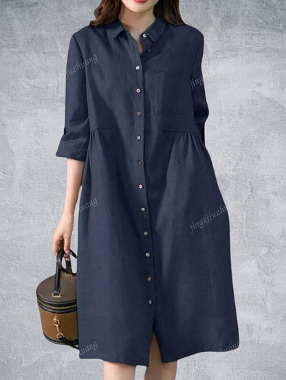 Women Pleating Casual Long Sleeve Shirt Dress Holiday Loose Solid Colour Long Dresses