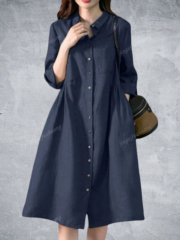 Women Pleating Casual Long Sleeve Shirt Dress Holiday Loose Solid Colour Long Dresses
