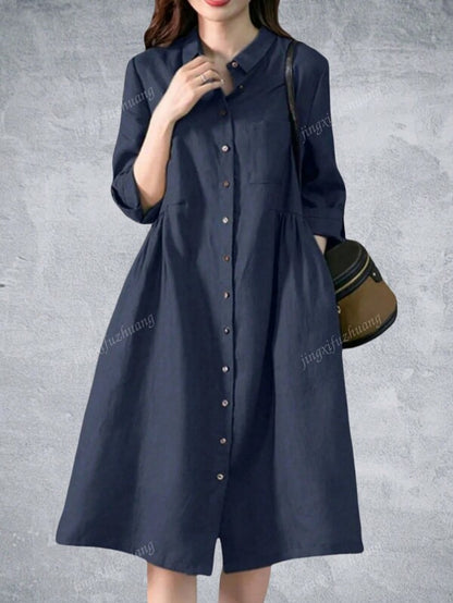 Women Pleating Casual Long Sleeve Shirt Dress Holiday Loose Solid Colour Long Dresses