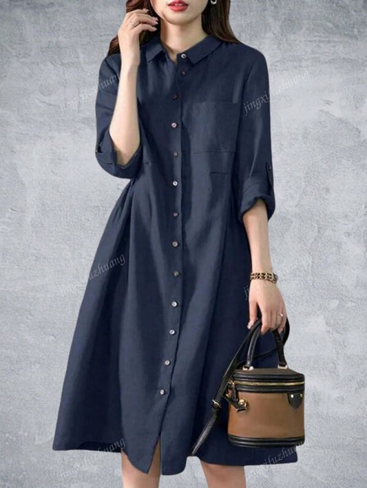 Women Pleating Casual Long Sleeve Shirt Dress Holiday Loose Solid Colour Long Dresses