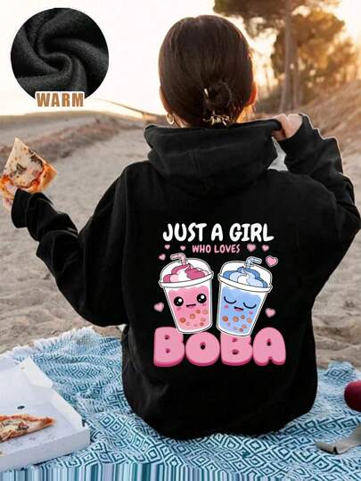 SHEIN Tween Girls' Casual Cute Cartoon Beverage, English Letter BOBA, GIRL Pattern Black Long Sleeve Hoodie Sweatshirt, Suitable For Autumn/Winter