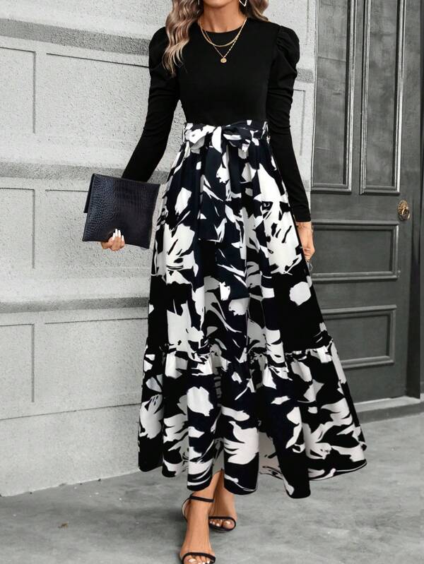 Calvaya Floral Print Puff Sleeve Belted Dress Maxi Women Outfit