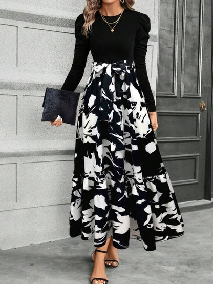 Calvaya Floral Print Puff Sleeve Belted Dress Maxi Women Outfit