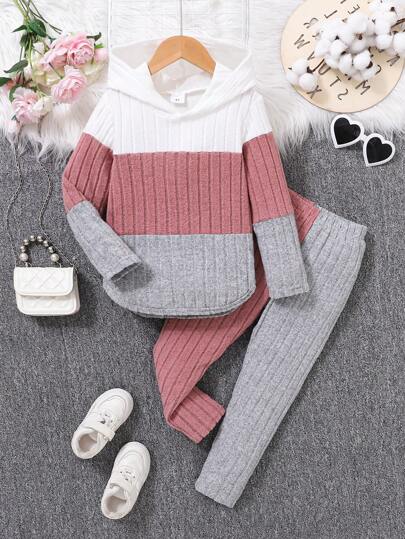 Young Girl Casual Color Block Ribbed Hoodie And Pants Set, Autumn/Winter